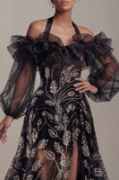 Laden Sie das Bild in den Galerie-Viewer, Kaltschulter-Schwarze Pailletten-A-Linien-Mutter-der-Braut-Kleid mit Schlitz