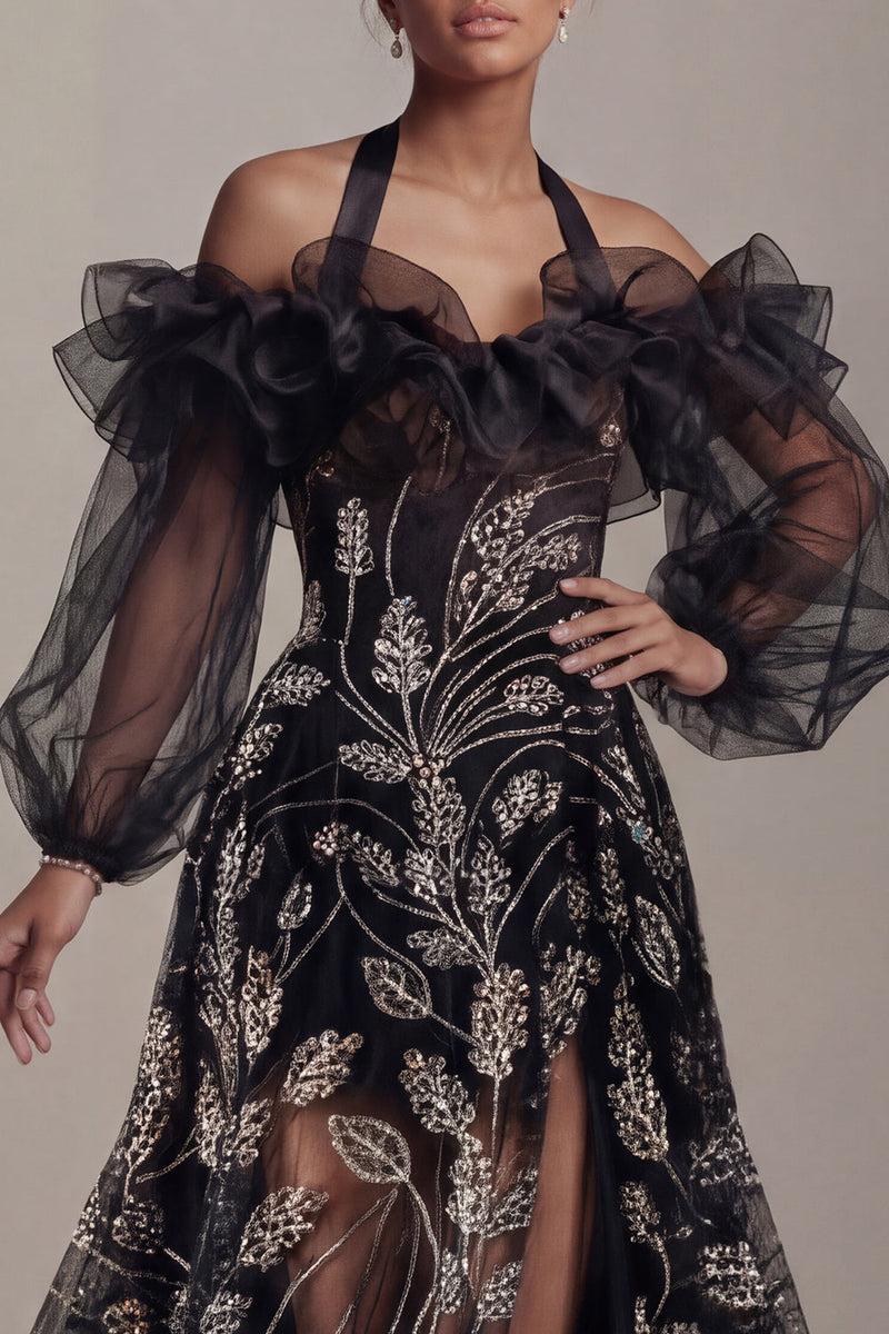 Laden Sie das Bild in den Galerie-Viewer, Kaltschulter-Schwarze Pailletten-A-Linien-Mutter-der-Braut-Kleid mit Schlitz