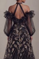 Laden Sie das Bild in den Galerie-Viewer, Kaltschulter-Schwarze Pailletten-A-Linien-Mutter-der-Braut-Kleid mit Schlitz