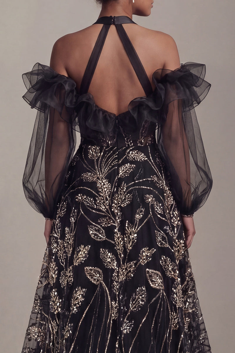Laden Sie das Bild in den Galerie-Viewer, Kaltschulter-Schwarze Pailletten-A-Linien-Mutter-der-Braut-Kleid mit Schlitz