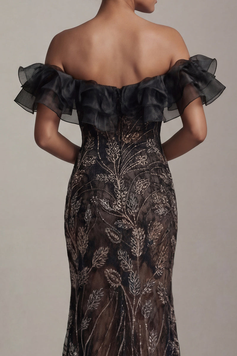 Laden Sie das Bild in den Galerie-Viewer, Schulterloses schwarzes Pailletten-Meerjungfrauenkleid Mutter der Braut