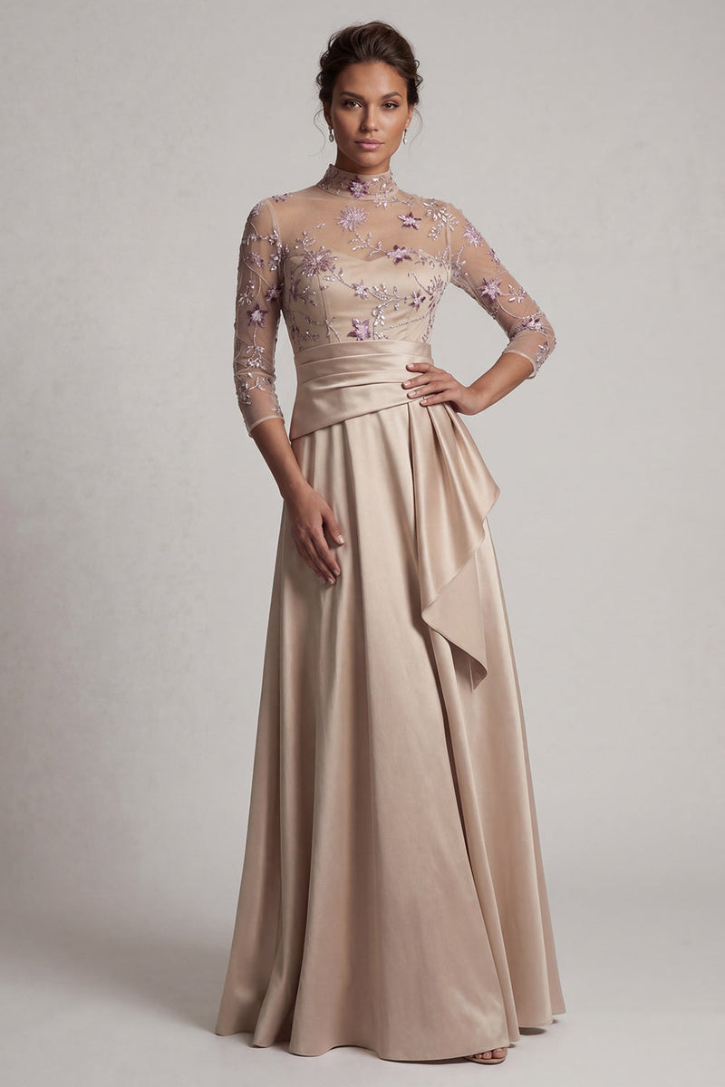 Laden Sie das Bild in den Galerie-Viewer, Blumiges Halsausschnitt A-Linie Champagner Mutter-der-Braut-Kleid