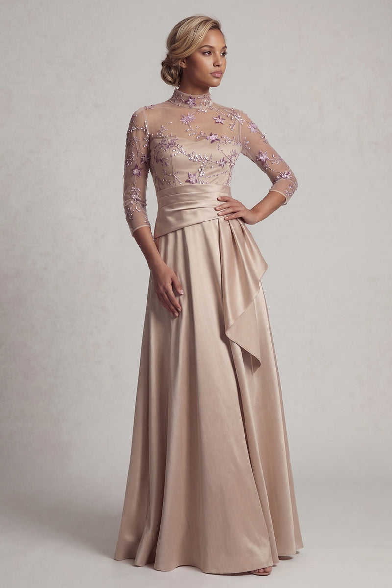 Laden Sie das Bild in den Galerie-Viewer, Blumiges Halsausschnitt A-Linie Champagner Mutter-der-Braut-Kleid