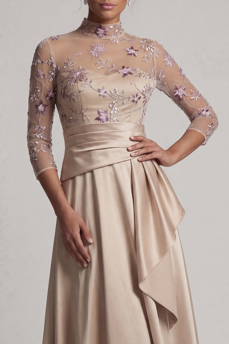 Laden Sie das Bild in den Galerie-Viewer, Blumiges Halsausschnitt A-Linie Champagner Mutter-der-Braut-Kleid