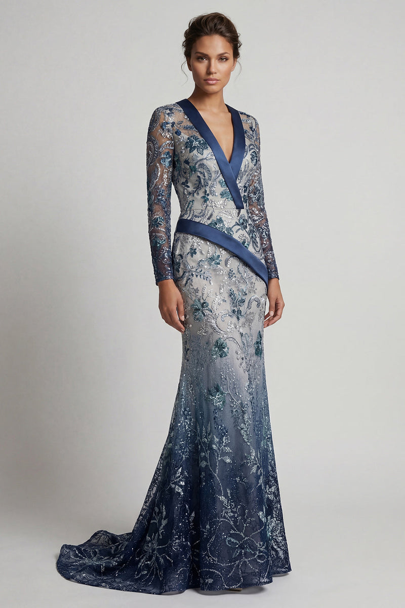 Laden Sie das Bild in den Galerie-Viewer, Florales V-Ausschnitt Meerjungfrauenblau appliquiertes Mutter-der-Braut-Kleid