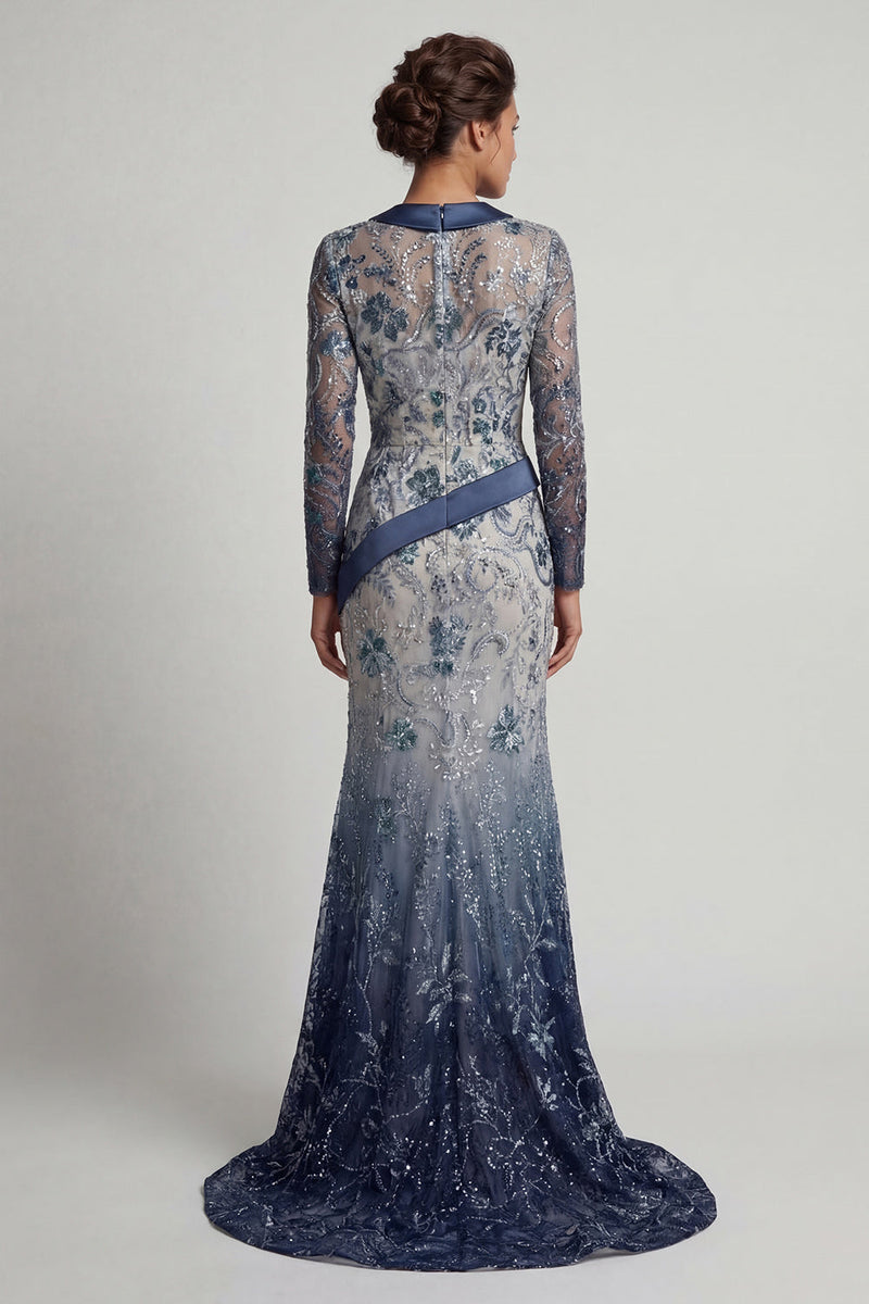Laden Sie das Bild in den Galerie-Viewer, Florales V-Ausschnitt Meerjungfrauenblau appliquiertes Mutter-der-Braut-Kleid