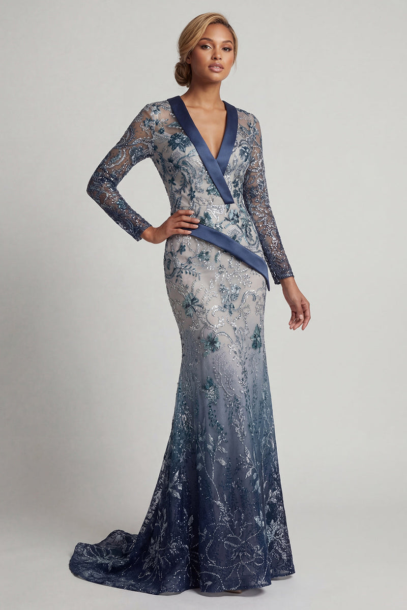 Laden Sie das Bild in den Galerie-Viewer, Florales V-Ausschnitt Meerjungfrauenblau appliquiertes Mutter-der-Braut-Kleid