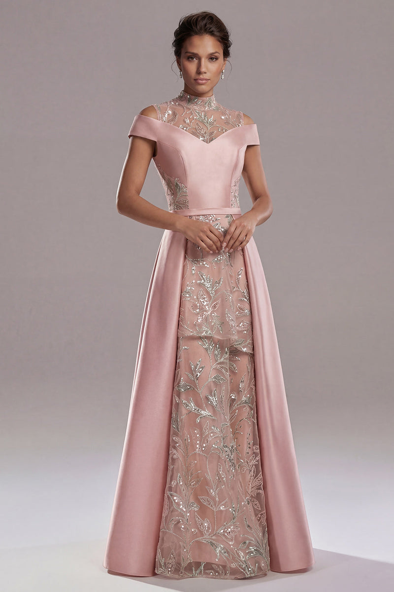 Laden Sie das Bild in den Galerie-Viewer, Off-the-shoulder Illusion Neck A-Linie rosa Pailletten-Mutter-der-Braut-Kleid