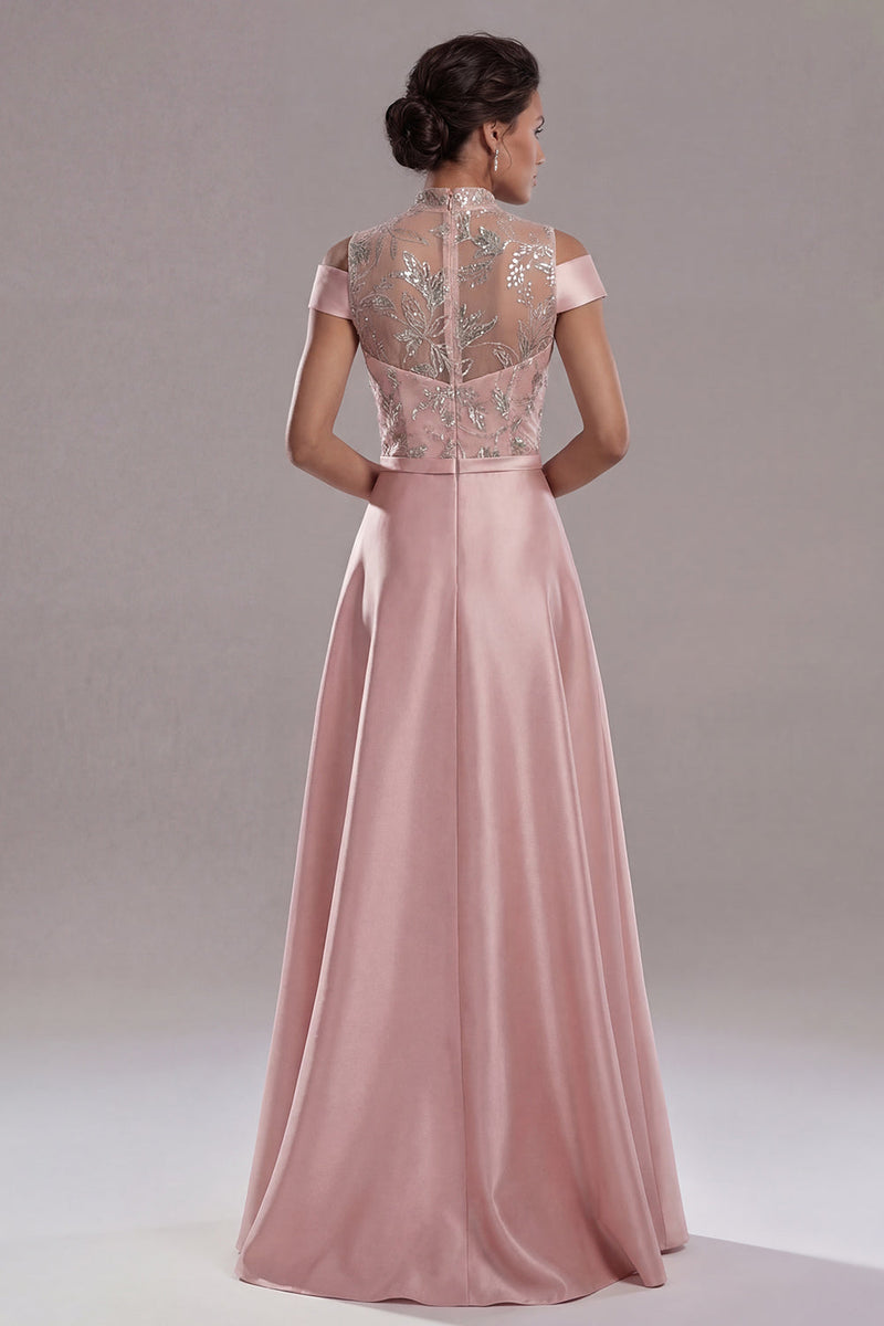 Laden Sie das Bild in den Galerie-Viewer, Off-the-shoulder Illusion Neck A-Linie rosa Pailletten-Mutter-der-Braut-Kleid