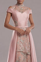 Laden Sie das Bild in den Galerie-Viewer, Off-the-shoulder Illusion Neck A-Linie rosa Pailletten-Mutter-der-Braut-Kleid