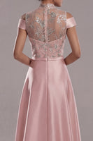 Laden Sie das Bild in den Galerie-Viewer, Off-the-shoulder Illusion Neck A-Linie rosa Pailletten-Mutter-der-Braut-Kleid