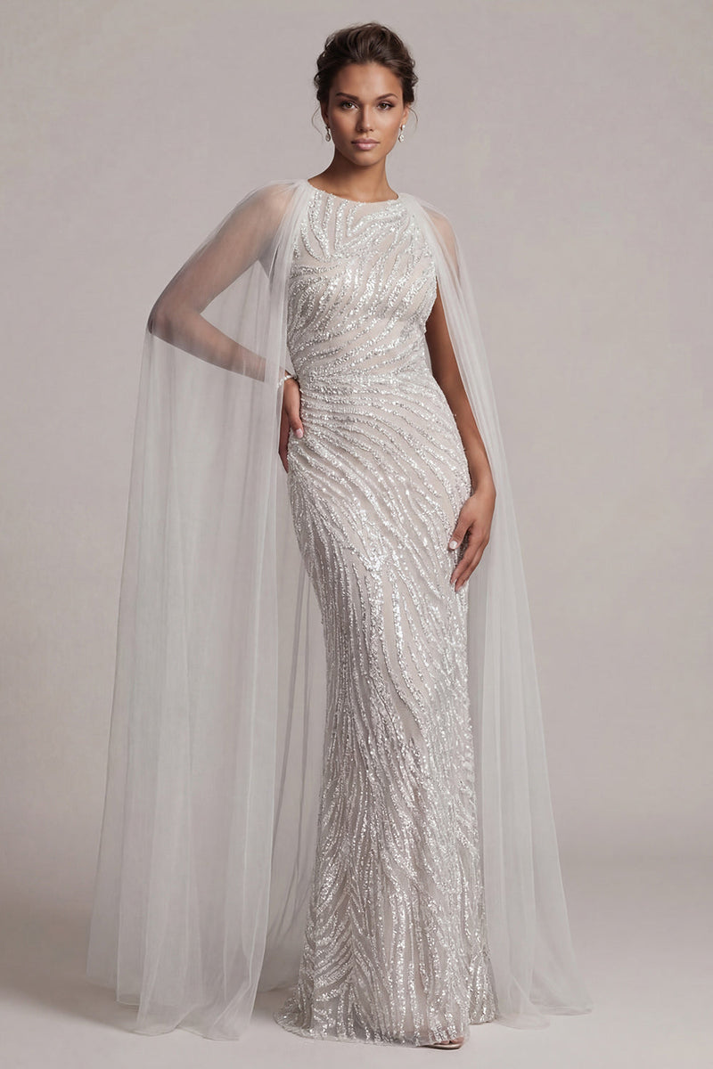 Laden Sie das Bild in den Galerie-Viewer, Pailletten-Elfenbein-Meerjungfrauenkleid Mutter der Braut mit Mützenärmeln