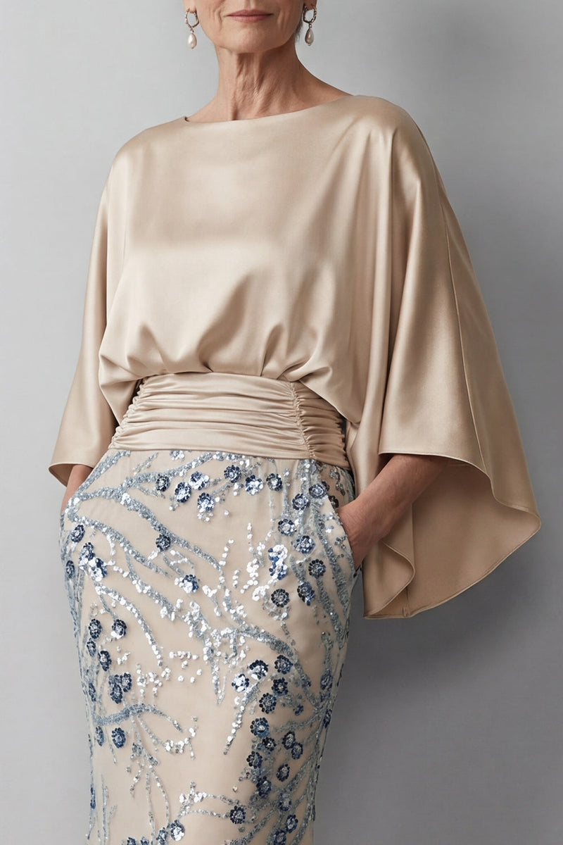 Laden Sie das Bild in den Galerie-Viewer, Champagner-Pailletten-Langarm-Meerjungfrauenkleid Mutter der Braut