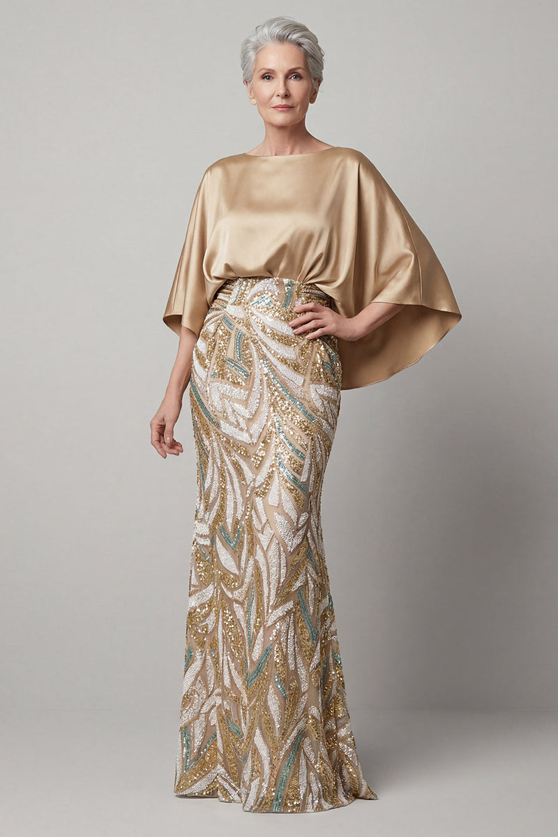 Laden Sie das Bild in den Galerie-Viewer, Pailletten-Champagner-Meerjungfrauenkleid Mutter der Braut mit Mützenärmeln