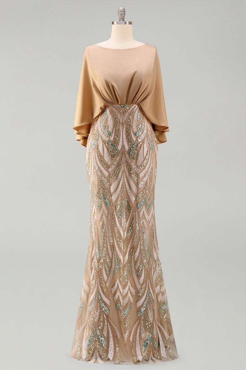Laden Sie das Bild in den Galerie-Viewer, Pailletten-Champagner-Meerjungfrauenkleid Mutter der Braut mit Mützenärmeln