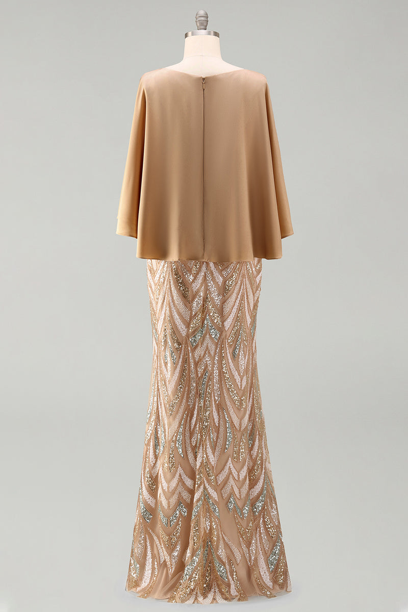 Laden Sie das Bild in den Galerie-Viewer, Pailletten-Champagner-Meerjungfrauenkleid Mutter der Braut mit Mützenärmeln