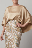 Laden Sie das Bild in den Galerie-Viewer, Pailletten-Champagner-Meerjungfrauenkleid Mutter der Braut mit Mützenärmeln
