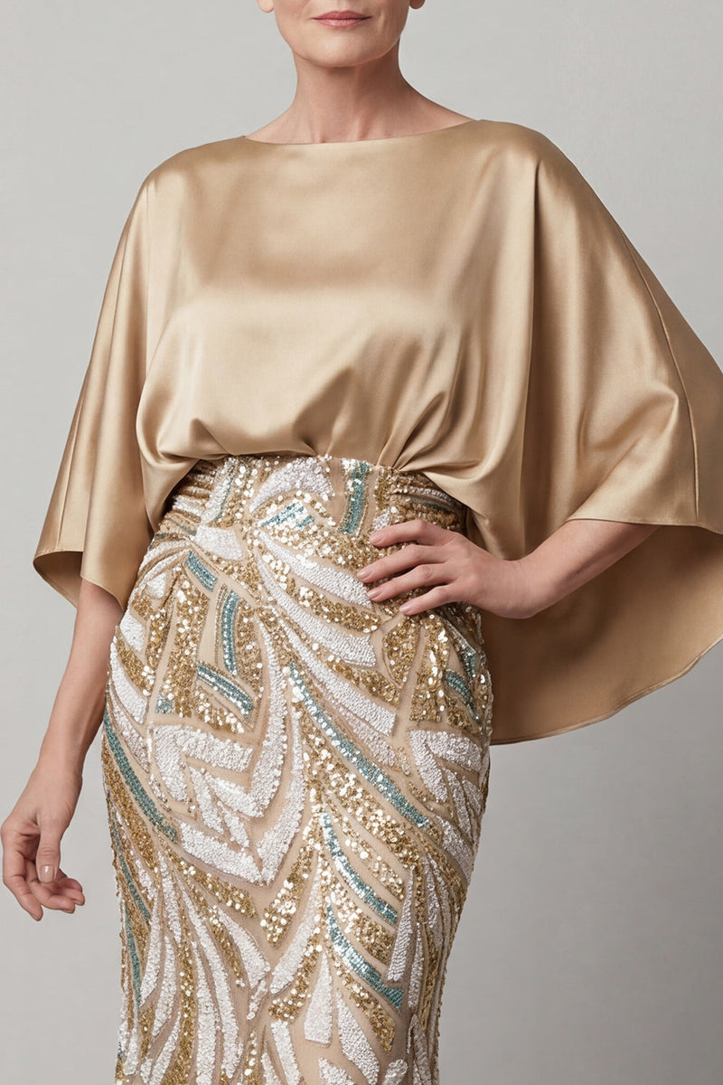 Laden Sie das Bild in den Galerie-Viewer, Pailletten-Champagner-Meerjungfrauenkleid Mutter der Braut mit Mützenärmeln