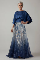 Laden Sie das Bild in den Galerie-Viewer, Marineblaue Pailletten 3/4 Ärmel A-Linie Mutter-der-Braut-Kleid
