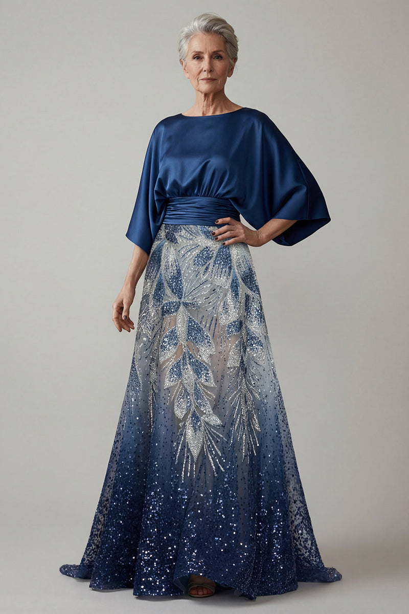 Laden Sie das Bild in den Galerie-Viewer, Marineblaue Pailletten 3/4 Ärmel A-Linie Mutter-der-Braut-Kleid