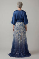 Laden Sie das Bild in den Galerie-Viewer, Marineblaue Pailletten 3/4 Ärmel A-Linie Mutter-der-Braut-Kleid