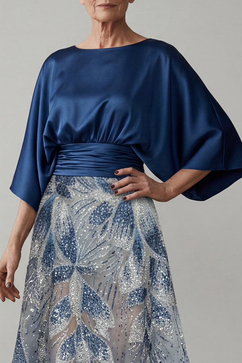 Laden Sie das Bild in den Galerie-Viewer, Marineblaue Pailletten 3/4 Ärmel A-Linie Mutter-der-Braut-Kleid