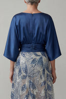 Laden Sie das Bild in den Galerie-Viewer, Marineblaue Pailletten 3/4 Ärmel A-Linie Mutter-der-Braut-Kleid