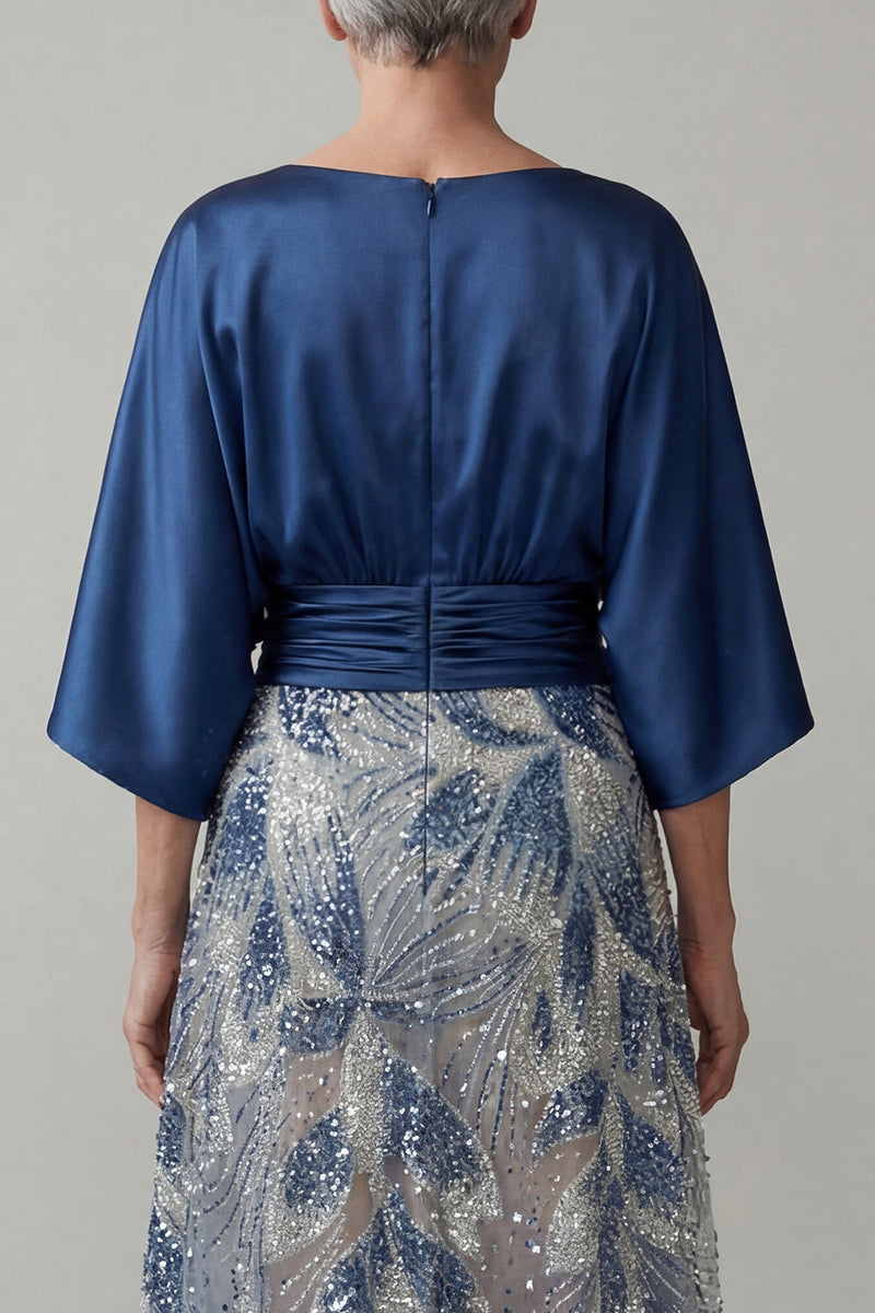 Laden Sie das Bild in den Galerie-Viewer, Marineblaue Pailletten 3/4 Ärmel A-Linie Mutter-der-Braut-Kleid