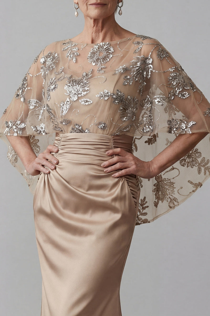 Laden Sie das Bild in den Galerie-Viewer, Glitzernde Meerjungfrauen Blumen Champagner Langes Mutter der Braut Kleid mit Perlen
