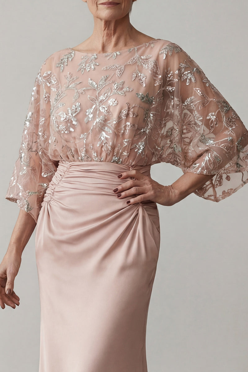 Laden Sie das Bild in den Galerie-Viewer, Blush Bateau-Hals Blumenhals glitzernde perlenbesetzte Meerjungfrau Langes Mutter der Braut Kleid