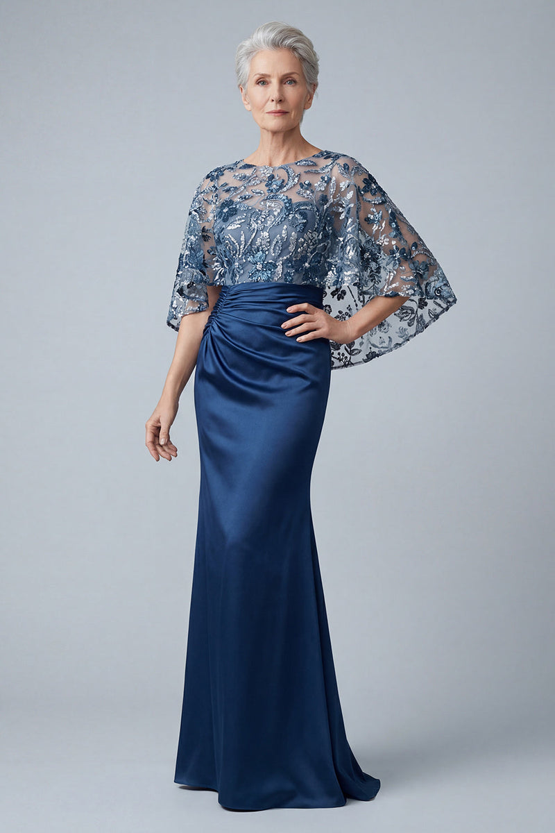 Laden Sie das Bild in den Galerie-Viewer, Blaues Blumen glitzerndes Pailletten Meerjungfrauen Langes gerafftes Mutter der Braut Kleid