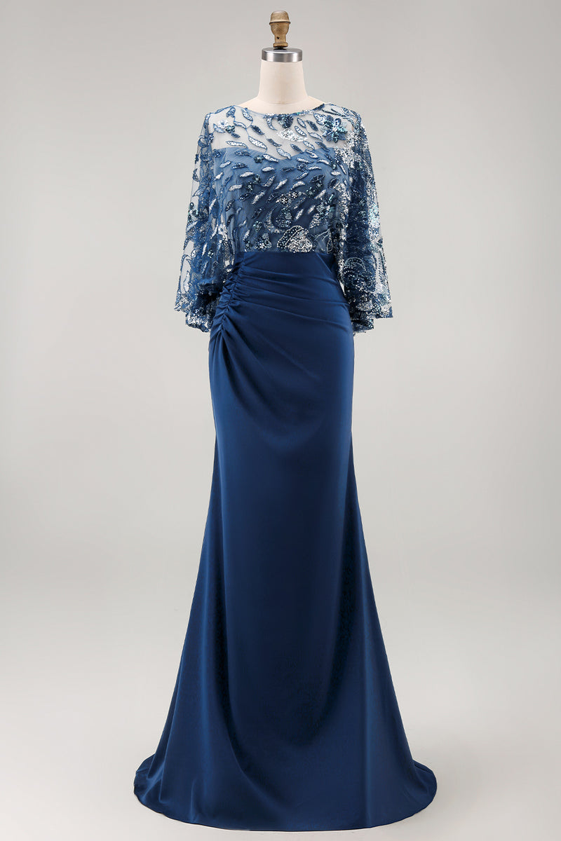 Laden Sie das Bild in den Galerie-Viewer, Blaues Blumen glitzerndes Pailletten Meerjungfrauen Langes gerafftes Mutter der Braut Kleid