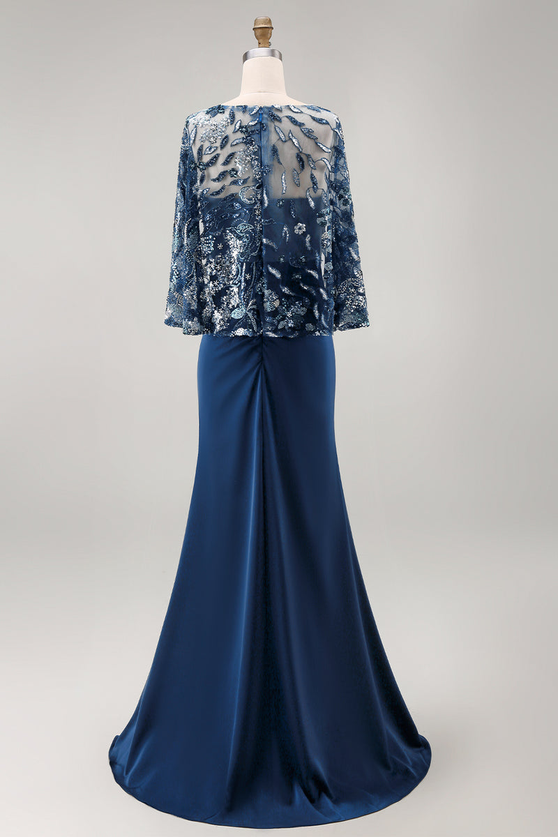 Laden Sie das Bild in den Galerie-Viewer, Blaues Blumen glitzerndes Pailletten Meerjungfrauen Langes gerafftes Mutter der Braut Kleid