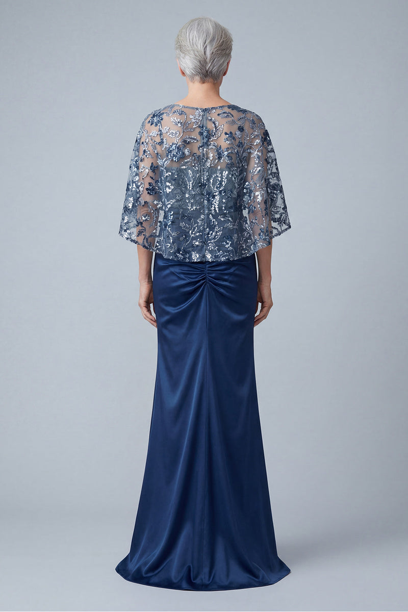 Laden Sie das Bild in den Galerie-Viewer, Blaues Blumen glitzerndes Pailletten Meerjungfrauen Langes gerafftes Mutter der Braut Kleid