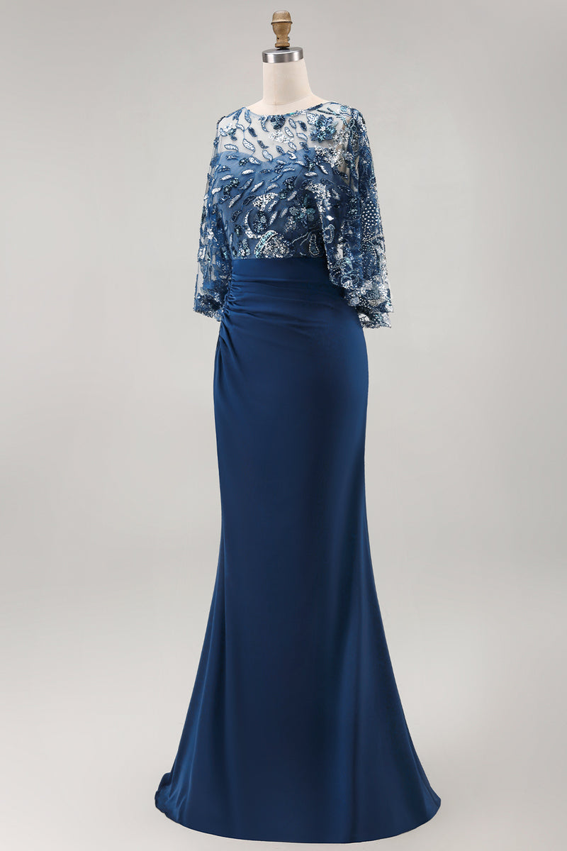 Laden Sie das Bild in den Galerie-Viewer, Blaues Blumen glitzerndes Pailletten Meerjungfrauen Langes gerafftes Mutter der Braut Kleid