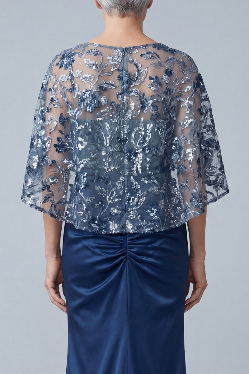 Laden Sie das Bild in den Galerie-Viewer, Blaues Blumen glitzerndes Pailletten Meerjungfrauen Langes gerafftes Mutter der Braut Kleid