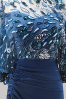 Laden Sie das Bild in den Galerie-Viewer, Blaues Blumen glitzerndes Pailletten Meerjungfrauen Langes gerafftes Mutter der Braut Kleid