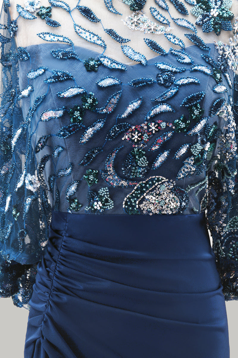 Laden Sie das Bild in den Galerie-Viewer, Blaues Blumen glitzerndes Pailletten Meerjungfrauen Langes gerafftes Mutter der Braut Kleid