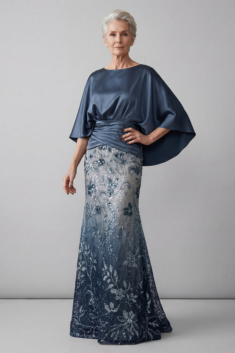 Laden Sie das Bild in den Galerie-Viewer, Glitzernde Meerjungfrau Langes florale marineblaue Pailletten Mutter der Braut Kleid