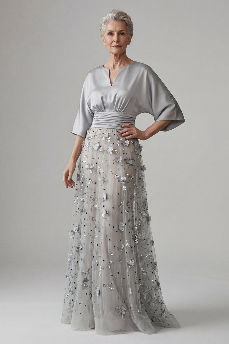 Laden Sie das Bild in den Galerie-Viewer, A-Linie geblümtes glitzerndes Silber Pailletten Langes Mutter der Braut Kleid