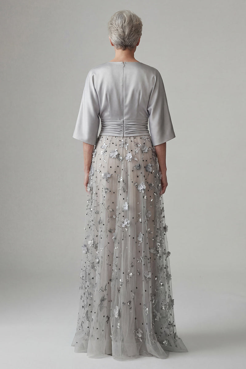 Laden Sie das Bild in den Galerie-Viewer, A-Linie geblümtes glitzerndes Silber Pailletten Langes Mutter der Braut Kleid