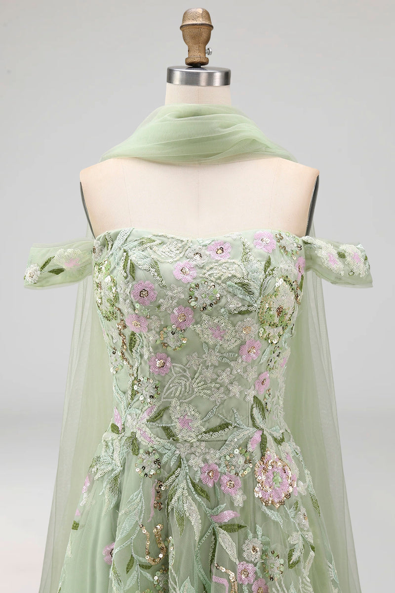 Laden Sie das Bild in den Galerie-Viewer, Schulterloses Staubiges Salbei A-Linie Pailletten Besticktes Langes Abschlussballkleid mit Schlitz