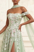 Laden Sie das Bild in den Galerie-Viewer, Schulterloses Staubiges Salbei A-Linie Pailletten Besticktes Langes Abschlussballkleid mit Schlitz