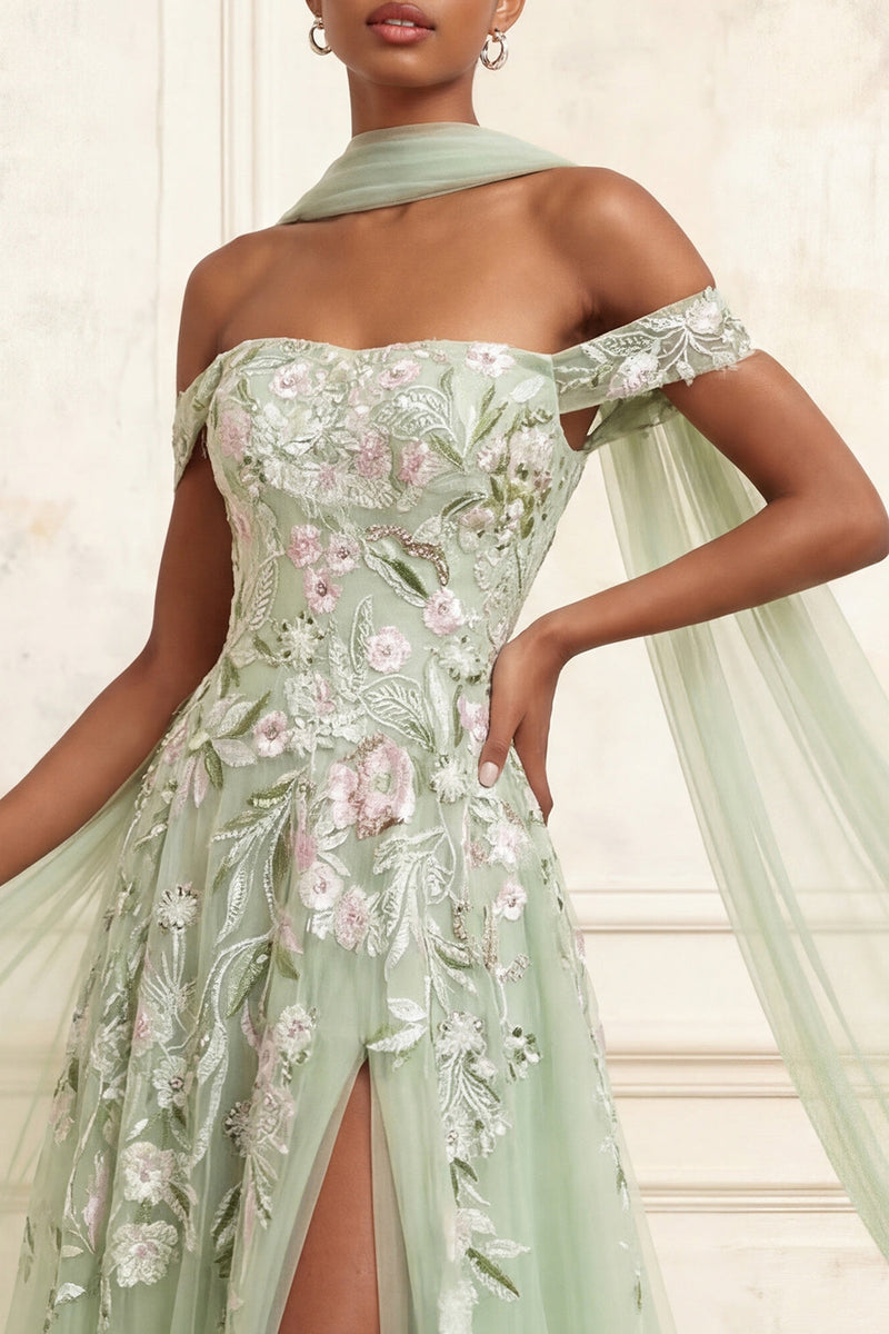 Laden Sie das Bild in den Galerie-Viewer, Schulterloses Staubiges Salbei A-Linie Pailletten Besticktes Langes Abschlussballkleid mit Schlitz