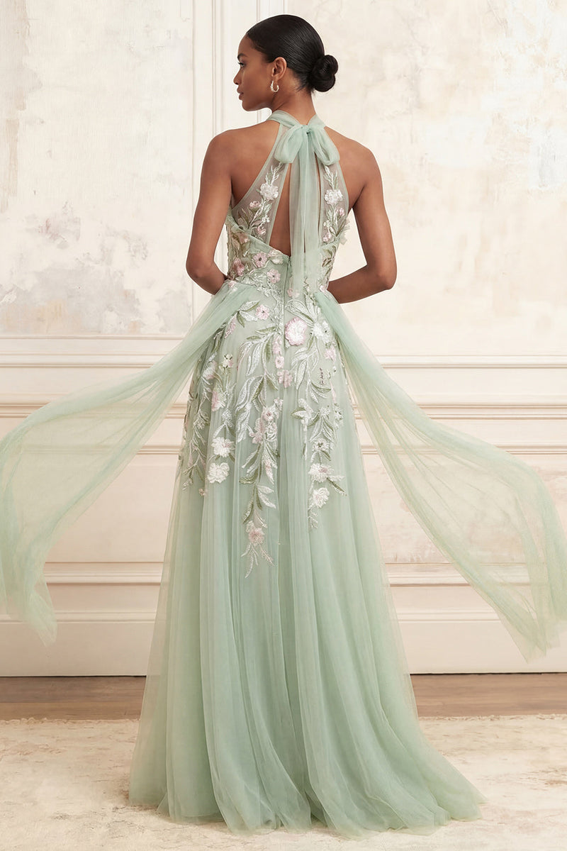 Laden Sie das Bild in den Galerie-Viewer, Staubiges Salbei A-Linie Halter Pailletten Besticktes Tüll Langes Ballkleid