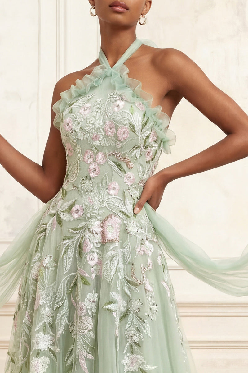 Laden Sie das Bild in den Galerie-Viewer, Staubiges Salbei A-Linie Halter Pailletten Besticktes Tüll Langes Ballkleid