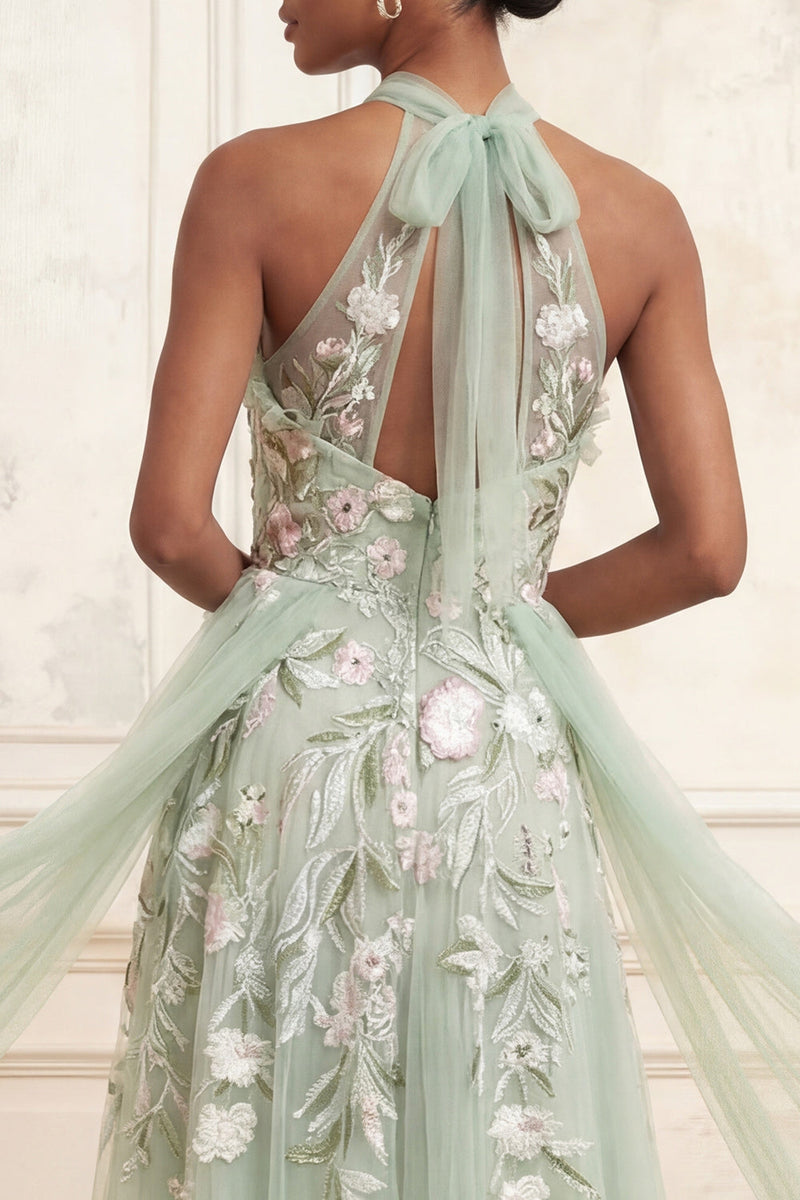 Laden Sie das Bild in den Galerie-Viewer, Staubiges Salbei A-Linie Halter Pailletten Besticktes Tüll Langes Ballkleid