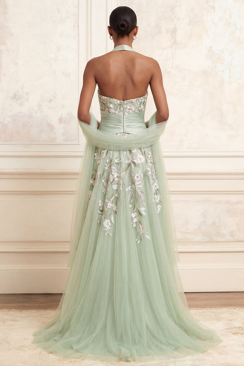 Laden Sie das Bild in den Galerie-Viewer, Staubiges Salbei-A-Linien-Neckholderhals-Tüllgesticktes langes Abschlussball-Kleid mit Schlitz