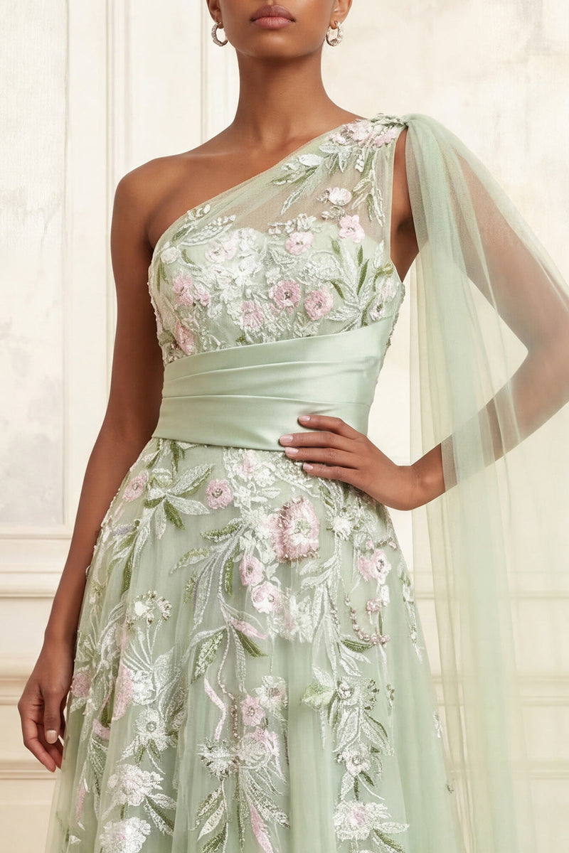 Laden Sie das Bild in den Galerie-Viewer, Ein Schulter Staubiges Salbei A-Linie Pailletten Tüll Langes Ballkleid mit Stickerei