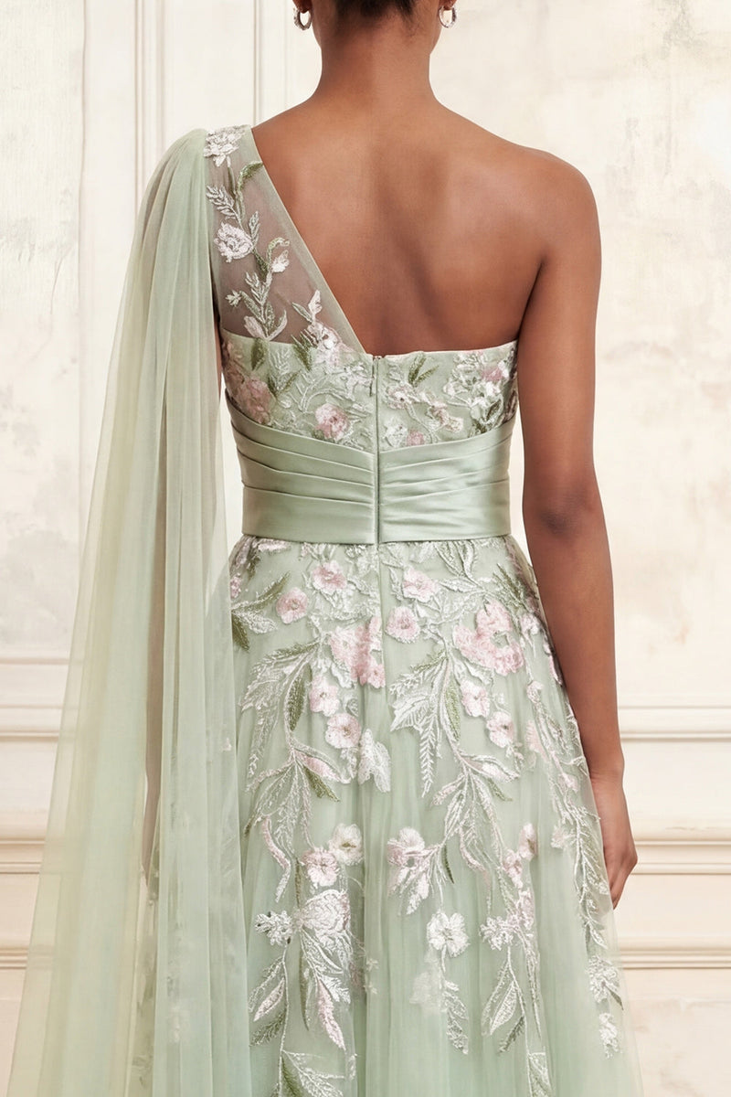 Laden Sie das Bild in den Galerie-Viewer, Ein Schulter Staubiges Salbei A-Linie Pailletten Tüll Langes Ballkleid mit Stickerei